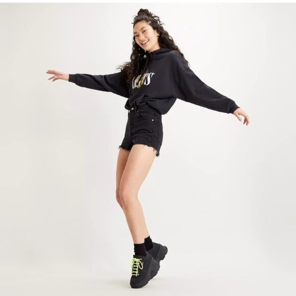 Levis Ribcage Button Fly Denim Jean Shorts Cutoffs Frayed Hem High Rise Black - Picture 2 of 10